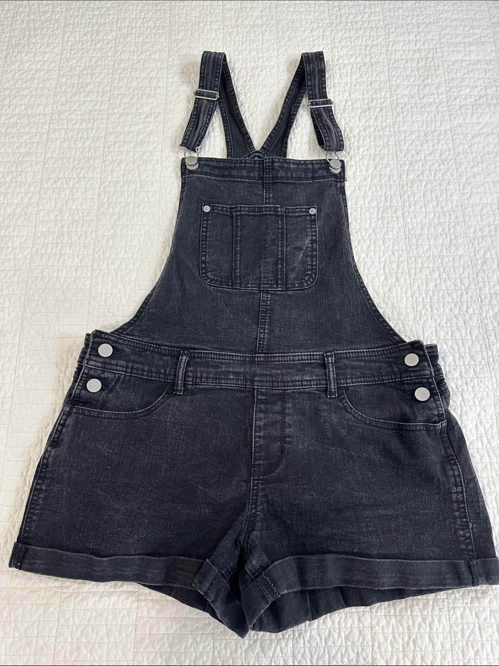 Black Denim Short Overalls Sun Faded Large Women’s